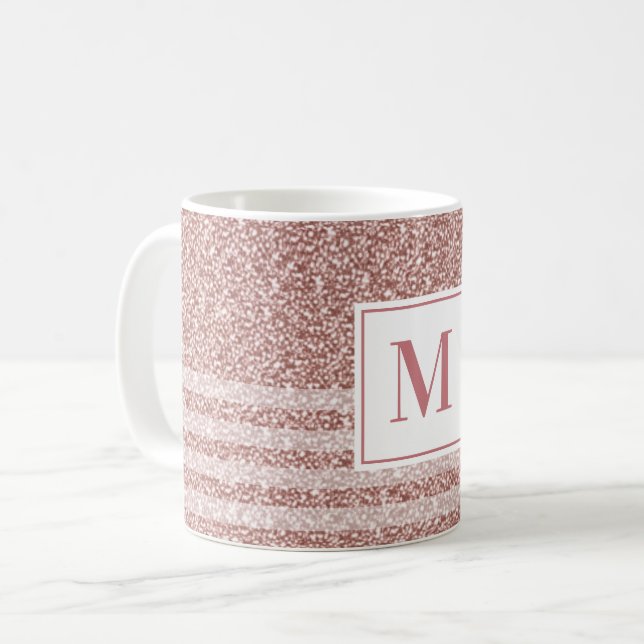 Monogram Rose Gold Glitzer Strip Muster Kaffeetasse (Vorderseite Links)
