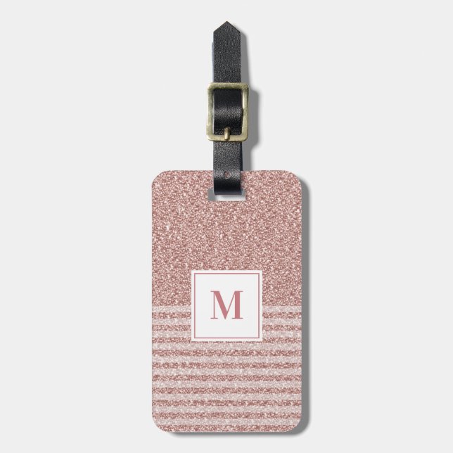 Monogram Rose Gold Glitzer Stripes Girl Gepäckanhänger (Vorderseite vertikal)