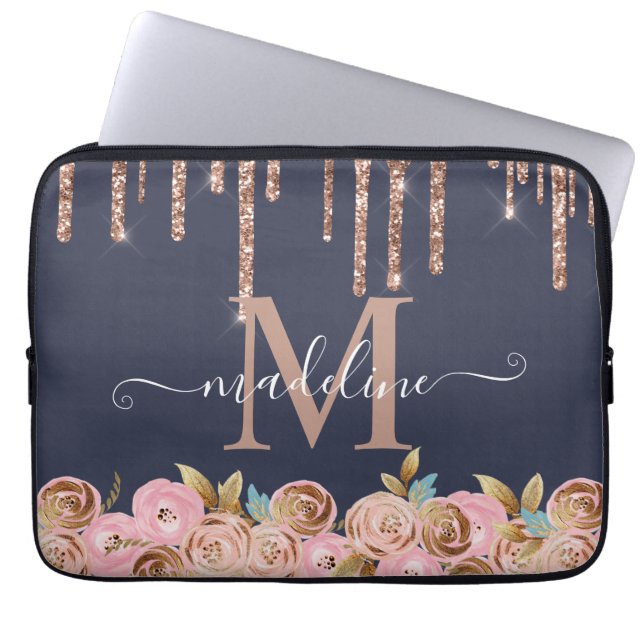 Monogram Rose Gold Glitzer Tropfen Girly Glam Laptopschutzhülle (Vorderseite)