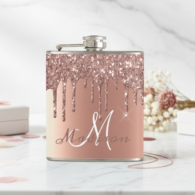 Monogram Rose Gold Glitzer Tropfen Girly Sparkle Flachmann (Von Creator hochgeladen)