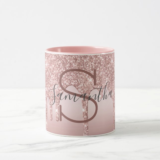 Monogram Rose Gold Glitzer Tropfen Rosa Trendy Tasse (Zentrum)