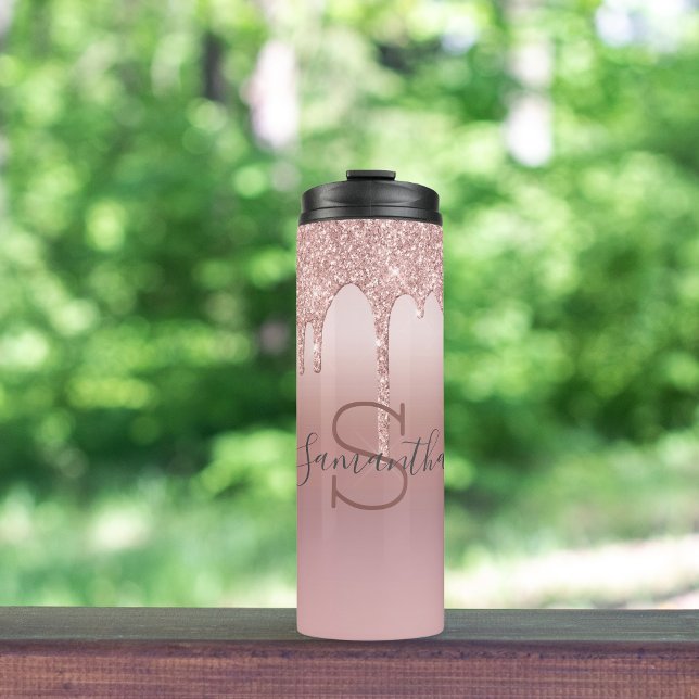 Monogram Rose Gold Glitzer Tropfen Rosa Trendy Thermosbecher (Monogrammed Name Initials Rose Gold Dripping Glitter Thermal Tumbler)