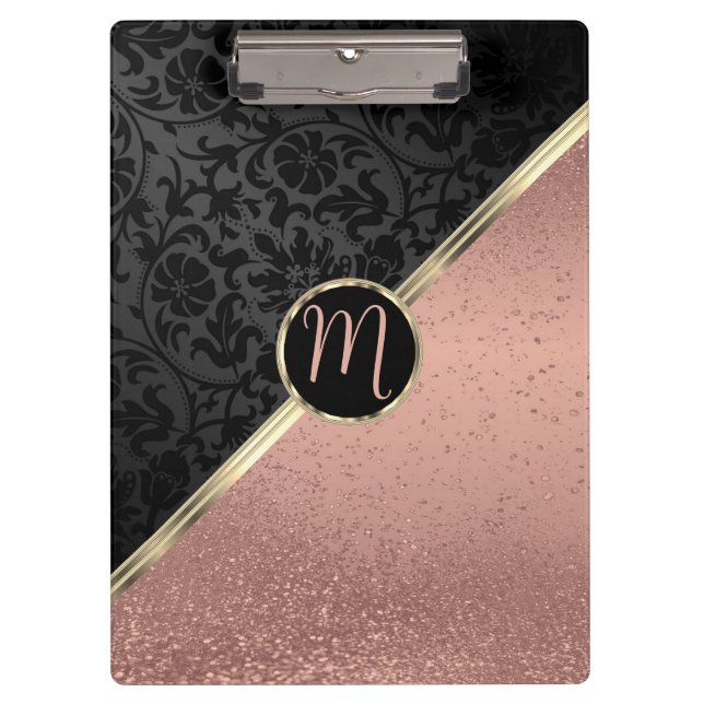 Monogram Rose Gold Glitzer und Black Damask Clipbo Klemmbrett (Vorderseite)