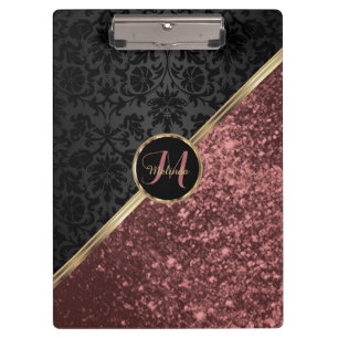 Monogram Rose Gold Glitzer und Black Damask Klemmbrett