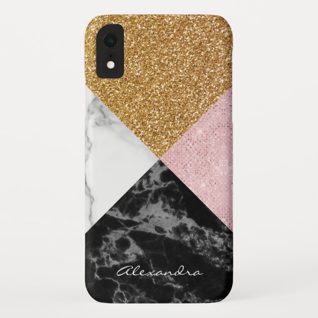 Monogram Rose Gold Glitzer und Schwarz-weißer Marm Case-Mate iPhone Hülle (Rückseite)