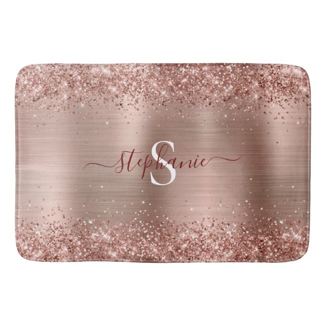 Monogram Rose Gold Imitats-Glitzer Girly Glam Badematte (Vorderseite)