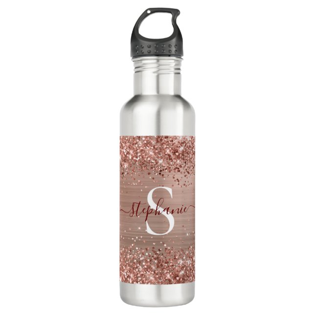 Monogram Rose Gold Imitats-Glitzer Girly Glam Edelstahlflasche (Vorderseite)