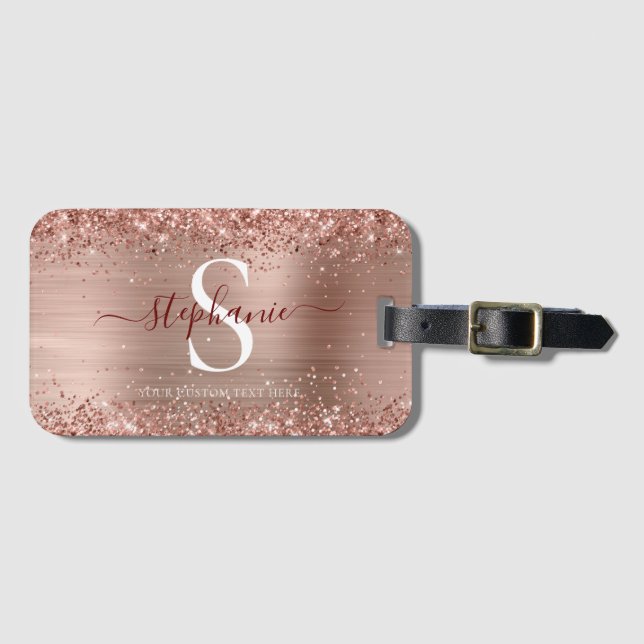 Monogram Rose Gold Imitats-Glitzer Girly Glam Gepäckanhänger (Vorderseite (Horizontal))