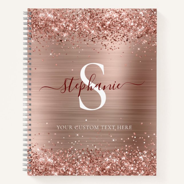 Monogram Rose Gold Imitats-Glitzer Girly Glam Notizbuch (Vorderseite)