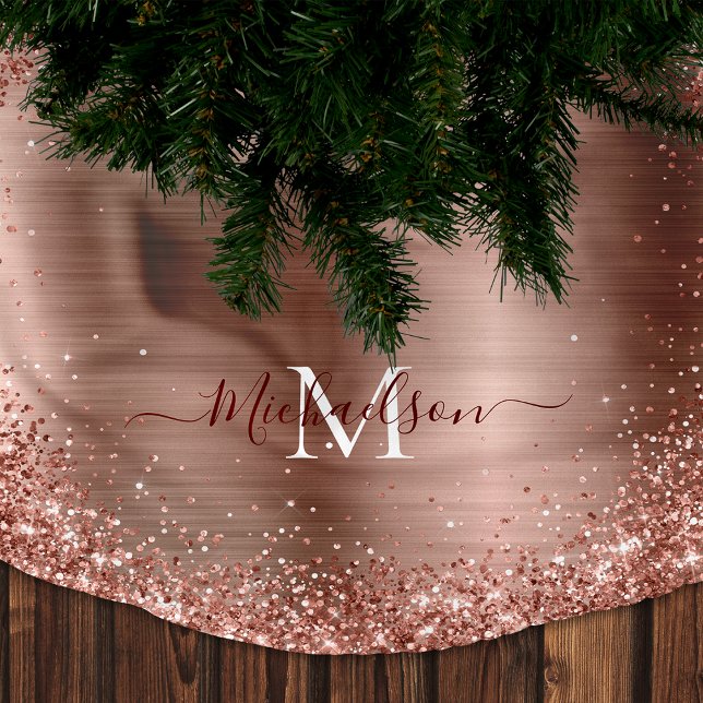Monogram Rose Gold Imitats-Glitzer Girly Glam Polyester Weihnachtsbaumdecke (Rose Gold Glitter Monogram Christmas Tree Skirt)