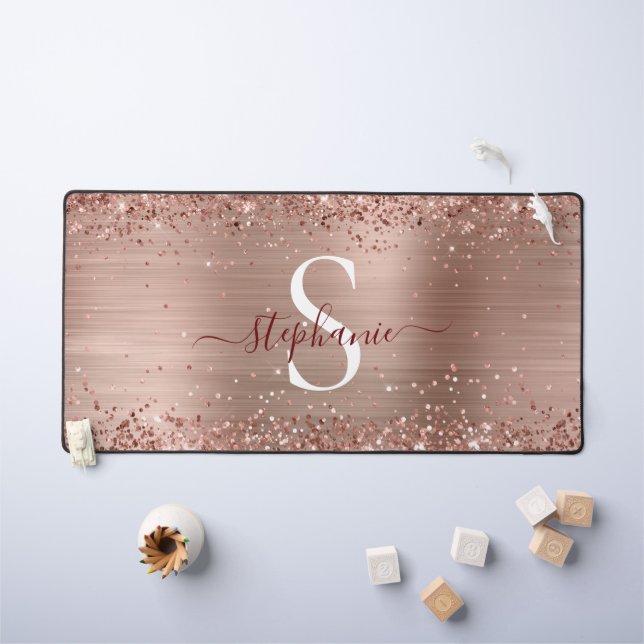 Monogram Rose Gold Imitats-Glitzer Girly Glam Schreibtischunterlage (Kindertisch)