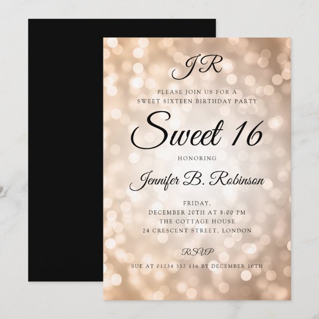 Monogram Rose Gold Lights Sweet 16 Geburtstag Einladung (Vorne/Hinten)