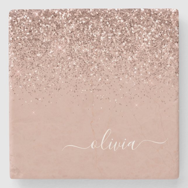 Monogram Rose Gold Pink Black Glitzer Script Steinuntersetzer (Vorderseite)