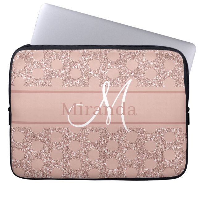 Monogram Rose Gold Pink Glitzer Girly Polka Dot Laptopschutzhülle (Vorderseite)