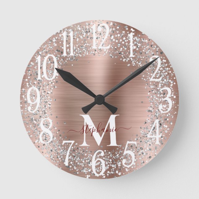 Monogram Rose Gold Silver Glitter Glam Runde Wanduhr (Vorderseite)