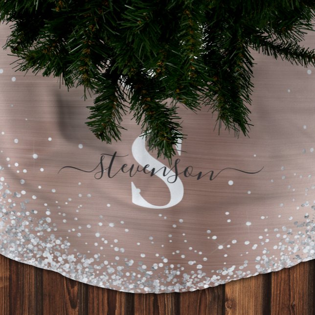 Monogram Rose Gold Silver Glitzer Glam Bürste Polyester Weihnachtsbaumdecke (Monogram Rose Gold Silver Glitter Glam Brushed Brushed Polyester Tree Skirt)