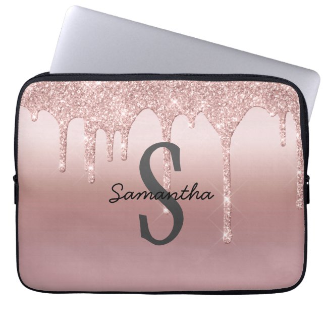 Monogram Rose Gold Tropfen Glitzer Rosa Trendy Laptopschutzhülle (Vorderseite)