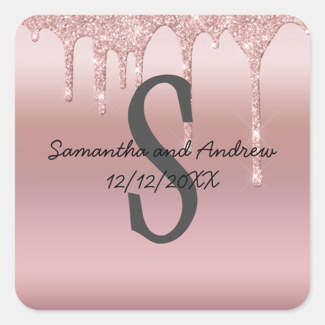 Monogram Rose Gold Tropfen Glitzer Rosa Trendy Quadratischer Aufkleber (Vorderseite)
