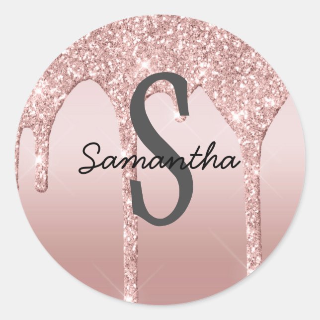 Monogram Rose Gold Tropfen Glitzer Rosa Trendy Runder Aufkleber (Vorderseite)