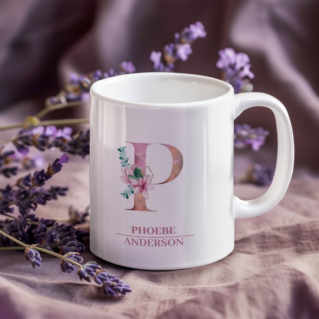 Monogram Rose Gold Watercolor Blume Letter P | Kaffeetasse (Von Creator hochgeladen)