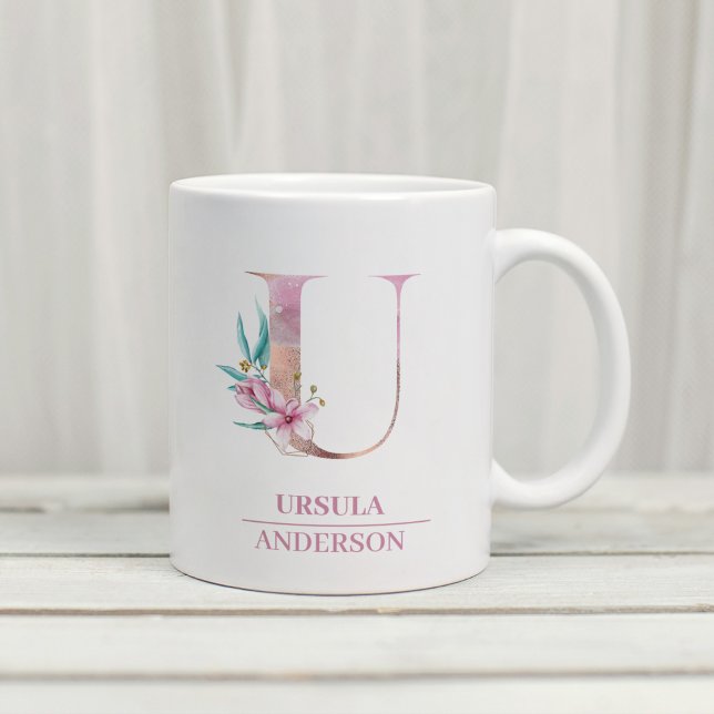 Monogram Rose Gold Watercolor Blume Letter U Kaffeetasse (Von Creator hochgeladen)