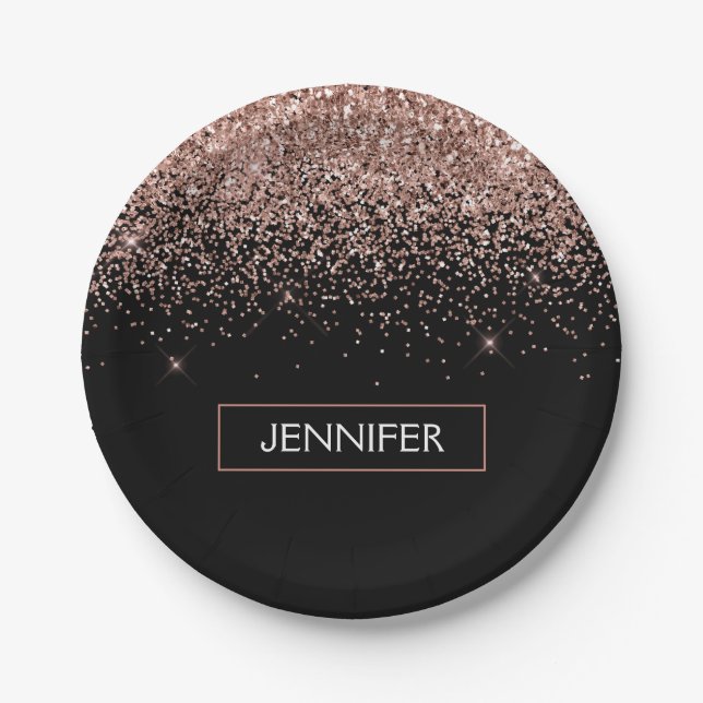 Monogram Rose Rose Gold Glitzer & Sparkline Pappteller (Vorderseite)