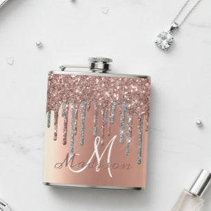 Monogram Roségold Glitter Tropfen Mädchenhaft Funk Flachmann