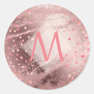 Monogram ROSEGOLD Metallic Foil Confetti Look Runder Aufkleber