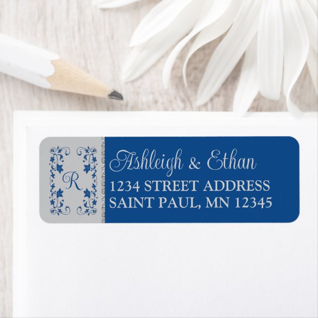 Monogram Royal Blue, Gray Floral Wedding Address (Insitu)