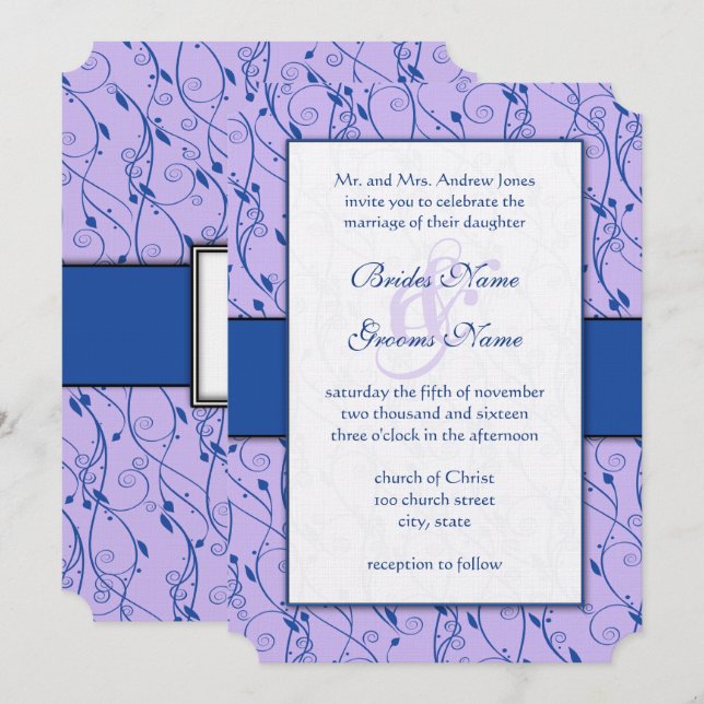 Monogram Royal Blue Lilac Swirl Wedding Einladung (Vorne/Hinten)