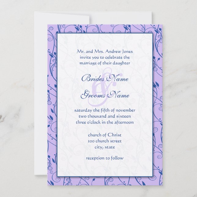 Monogram Royal Blue Lilac Swirl Wedding Invite Einladung (Vorderseite)