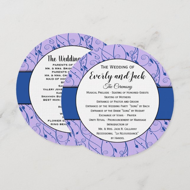 Monogram Royal Blue Lilac Swirl Wedding Program Einladung (Vorne/Hinten)