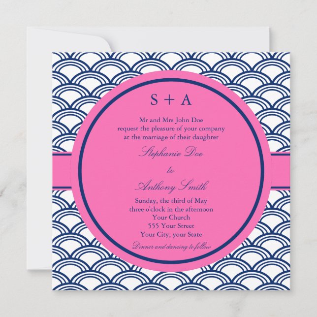 Monogram Royal Blue, Pink Seigaiha Wedding Einladung (Vorderseite)