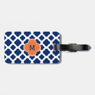 Monogram Royal Blue Quatrefoil Pattern mit Orange Gepäckanhänger