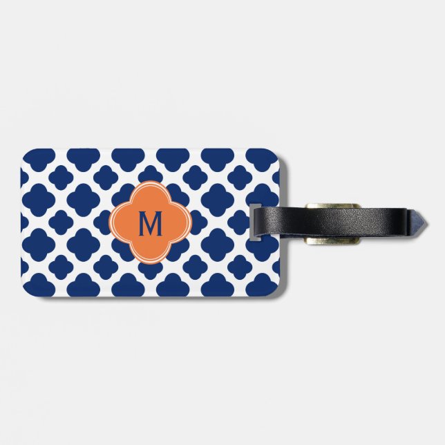 Monogram Royal Blue Quatrefoil Pattern mit Orange Gepäckanhänger (Rückseite horizontal)