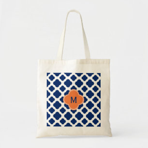 Monogram Royal Blue Quatrefoil Pattern with Orange Tragetasche
