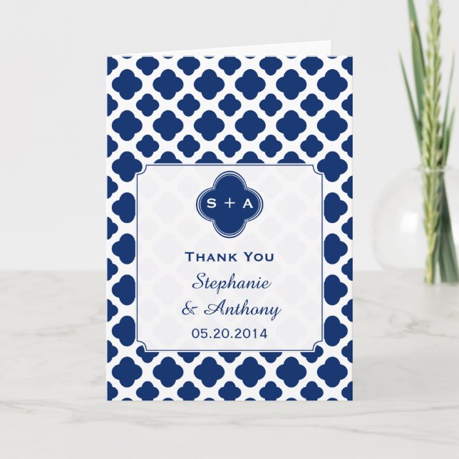 Monogram Royal Blue Quatrefoil Wedding Danke (Vorderseite)