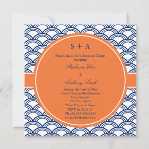 Monogram Royal Blue Seigaiha Pattern mit Orange Einladung