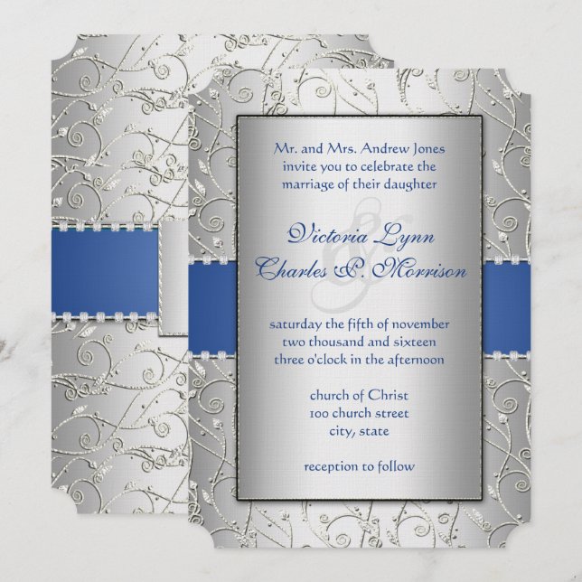 Monogram Royal Blue Silver Swirl Wedding Einladung (Vorne/Hinten)