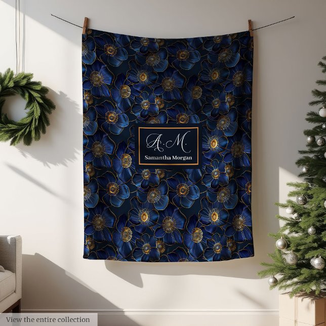 Monogram Royal Blue Throw Modern Gold Flowers Fleecedecke (Monogram Royal Blue Throw Modern Gold Flowers)