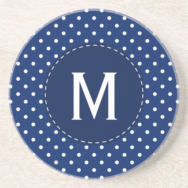 Monogram Royal Blue und White Polka Dot Muster Sandstein Untersetzer (Vorne)
