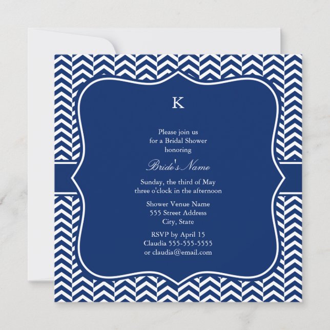 Monogram Royal Blue Zickzack Pattern Bridal Einladung (Vorderseite)
