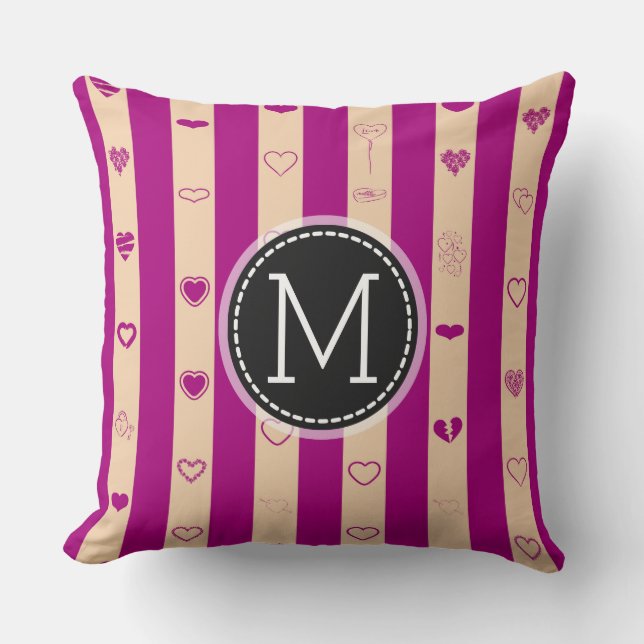 Monogram Royal Fuchsia Stripe Modernes Herzmuster Kissen (Vorderseite)