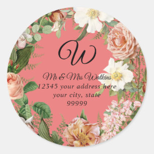 Monogram Rücksendeadresse Coral Ivory Peony Floral Runder Aufkleber