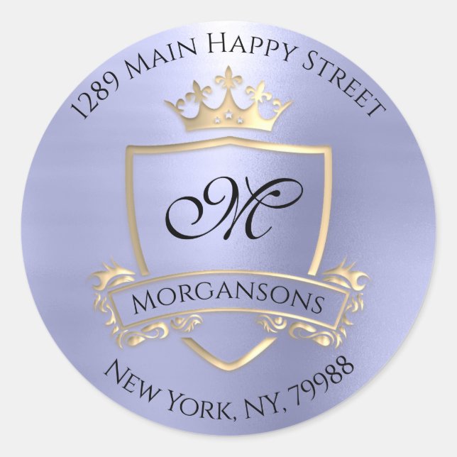 Monogram Rücksendeadresse Crown Royal Gold Blue Runder Aufkleber (Vorderseite)