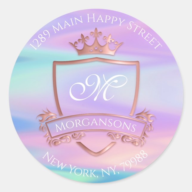 Monogram Rücksendeadresse Crown Royal Holograph Runder Aufkleber (Vorderseite)