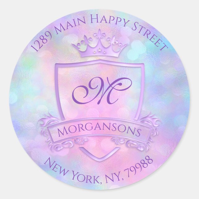 Monogram Rücksendeadresse Crown Royal Holographic Runder Aufkleber (Vorderseite)