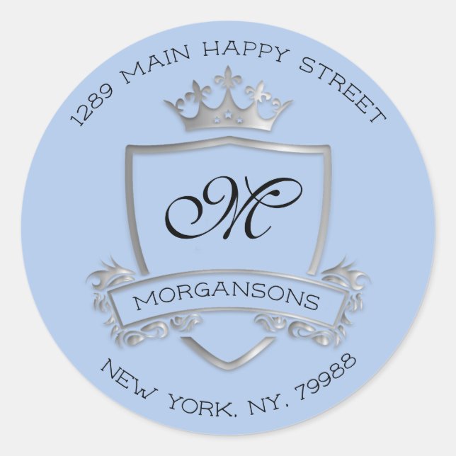 Monogram Rücksendeadresse Crown Royal Silver Blue Runder Aufkleber (Vorderseite)
