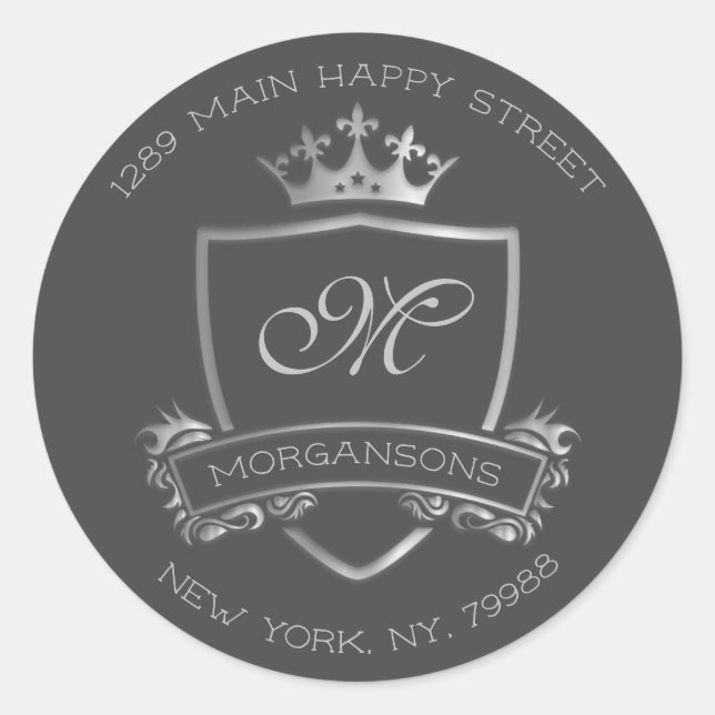 Monogram Rücksendeadresse Crown Royal Silver VIP Runder Aufkleber (Vorderseite)