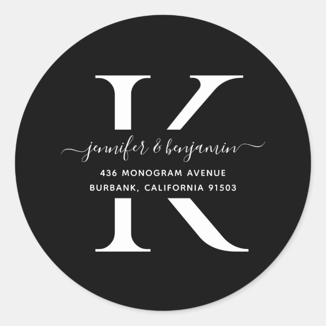 Monogram-Rücksendeadresse für Schwarz und Weiß Runder Aufkleber (Vorderseite)